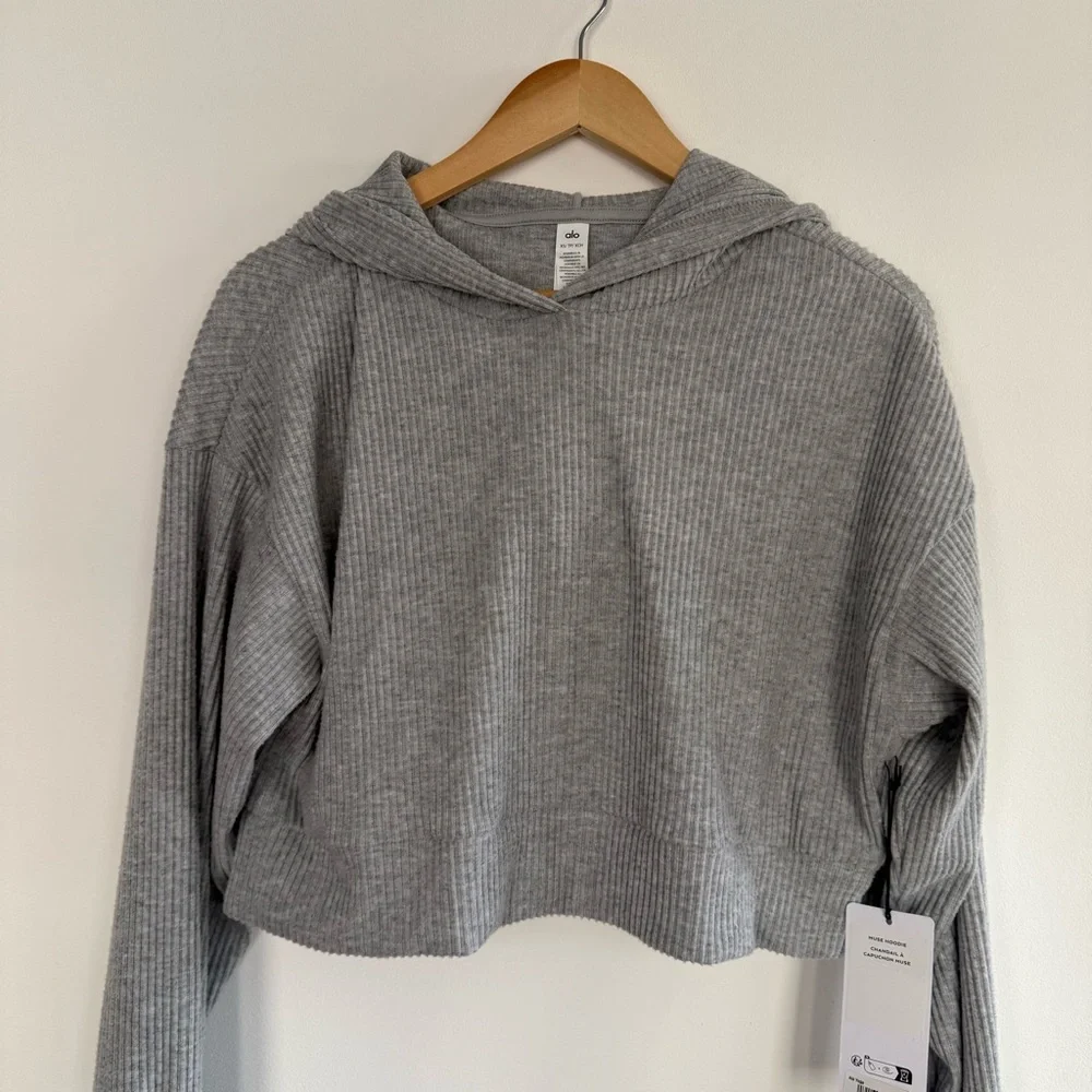 NWT‎ ALO Yoga Muse Hoodie Athletic Heather Grey Ribbed Size XS